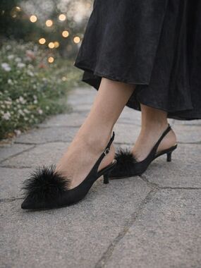 BCBGeneration Marit Black Feather Pom Pom Kitten Heels, Size 7